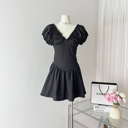 Slim V neck bubble sleeve pleated Spice Girl short style French Dress|