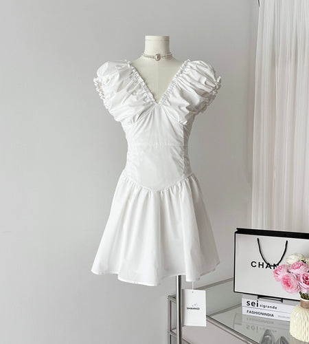 Slim V neck bubble sleeve pleated Spice Girl short style French Dress|