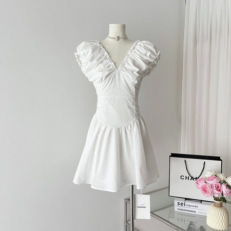 Slim V neck bubble sleeve pleated Spice Girl short style French Dress|