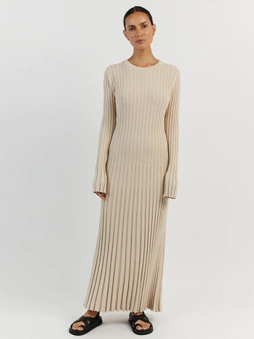 Solid Color Round Neck Long Sleeved Knitted Dress Women Pleated Slim