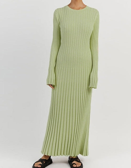 Load image into Gallery viewer, Solid Color Round Neck Long Sleeved Knitted Dress Women Pleated Slim
