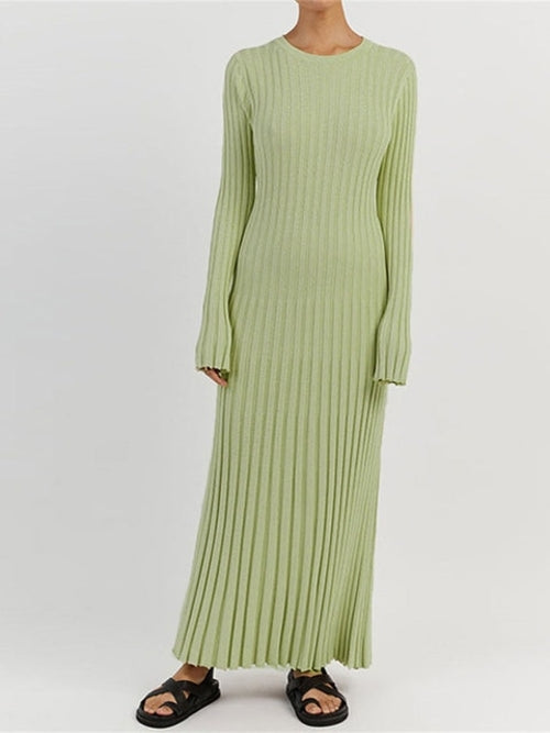 Solid Color Round Neck Long Sleeved Knitted Dress Women Pleated Slim