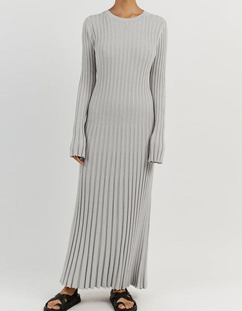 Load image into Gallery viewer, Solid Color Round Neck Long Sleeved Knitted Dress Women Pleated Slim
