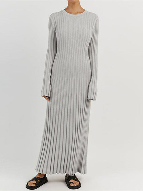 Solid Color Round Neck Long Sleeved Knitted Dress Women Pleated Slim