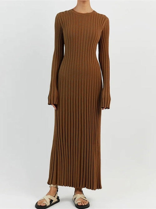 Solid Color Round Neck Long Sleeved Knitted Dress Women Pleated Slim