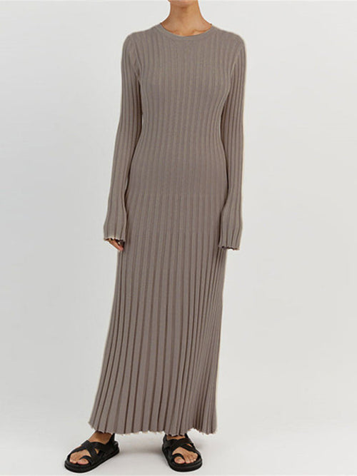 Solid Color Round Neck Long Sleeved Knitted Dress Women Pleated Slim