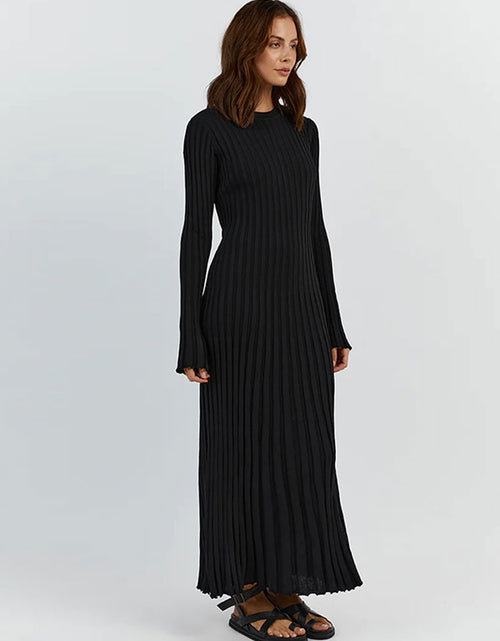 Load image into Gallery viewer, Solid Color Round Neck Long Sleeved Knitted Dress Women Pleated Slim
