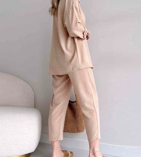Solid Turn-down Collar Long Pants Set Drawstring Pants Suit Autumn