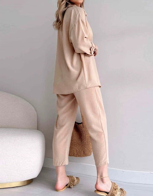 Load image into Gallery viewer, Solid Turn-down Collar Long Pants Set Drawstring Pants Suit Autumn
