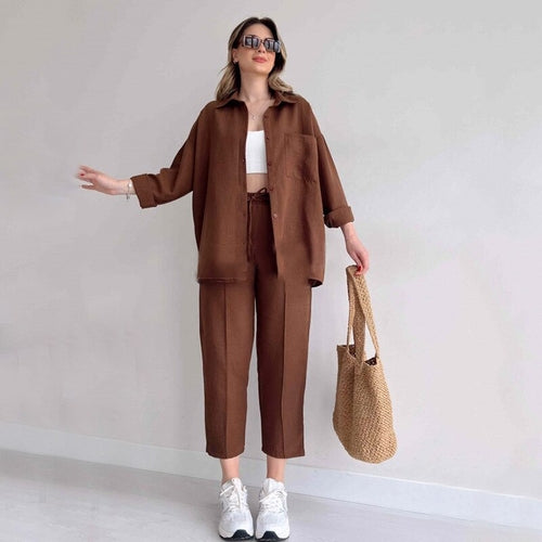 Solid Turn-down Collar Long Pants Set Drawstring Pants Suit Autumn