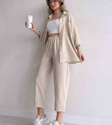 Solid Turn-down Collar Long Pants Set Drawstring Pants Suit Autumn