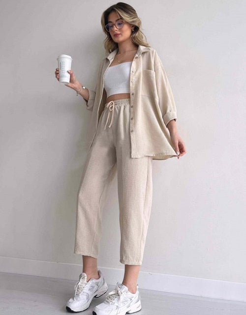 Load image into Gallery viewer, Solid Turn-down Collar Long Pants Set Drawstring Pants Suit Autumn
