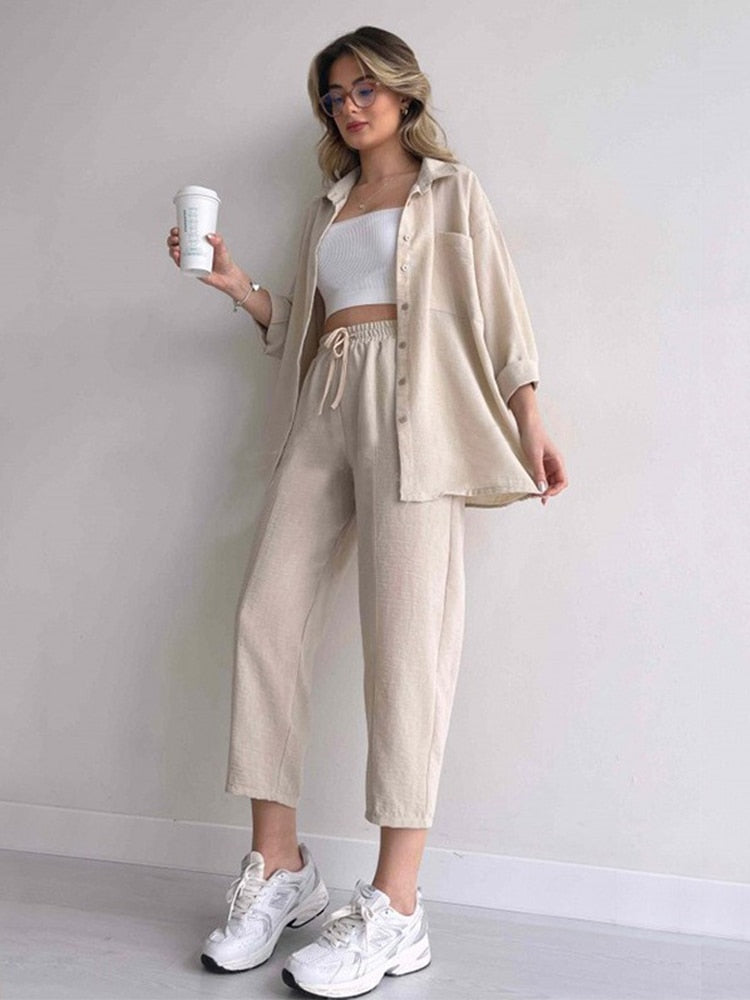 Solid Turn-down Collar Long Pants Set Drawstring Pants Suit Autumn