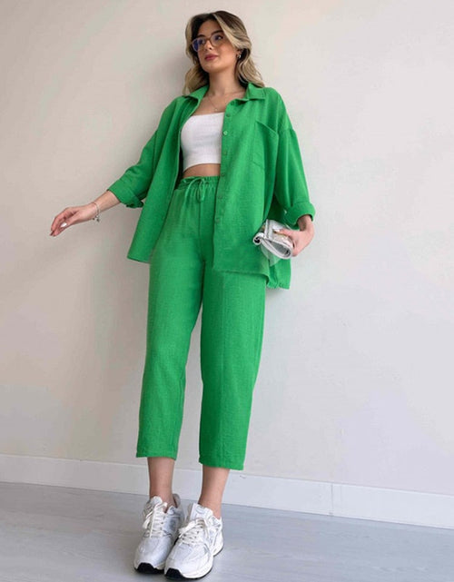 Load image into Gallery viewer, Solid Turn-down Collar Long Pants Set Drawstring Pants Suit Autumn
