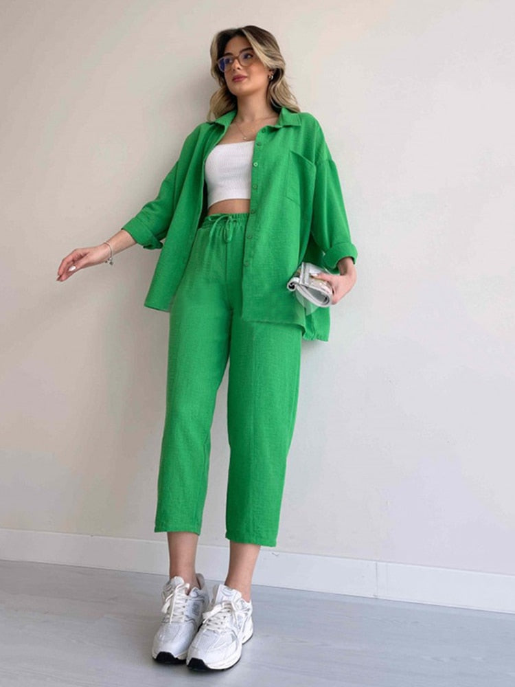 Solid Turn-down Collar Long Pants Set Drawstring Pants Suit Autumn