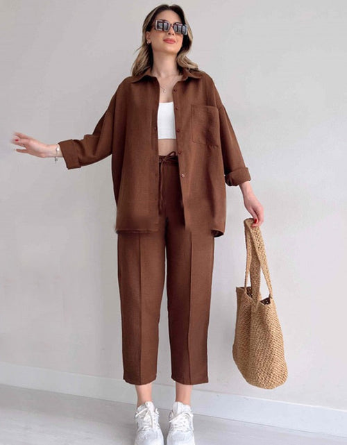 Load image into Gallery viewer, Solid Turn-down Collar Long Pants Set Drawstring Pants Suit Autumn
