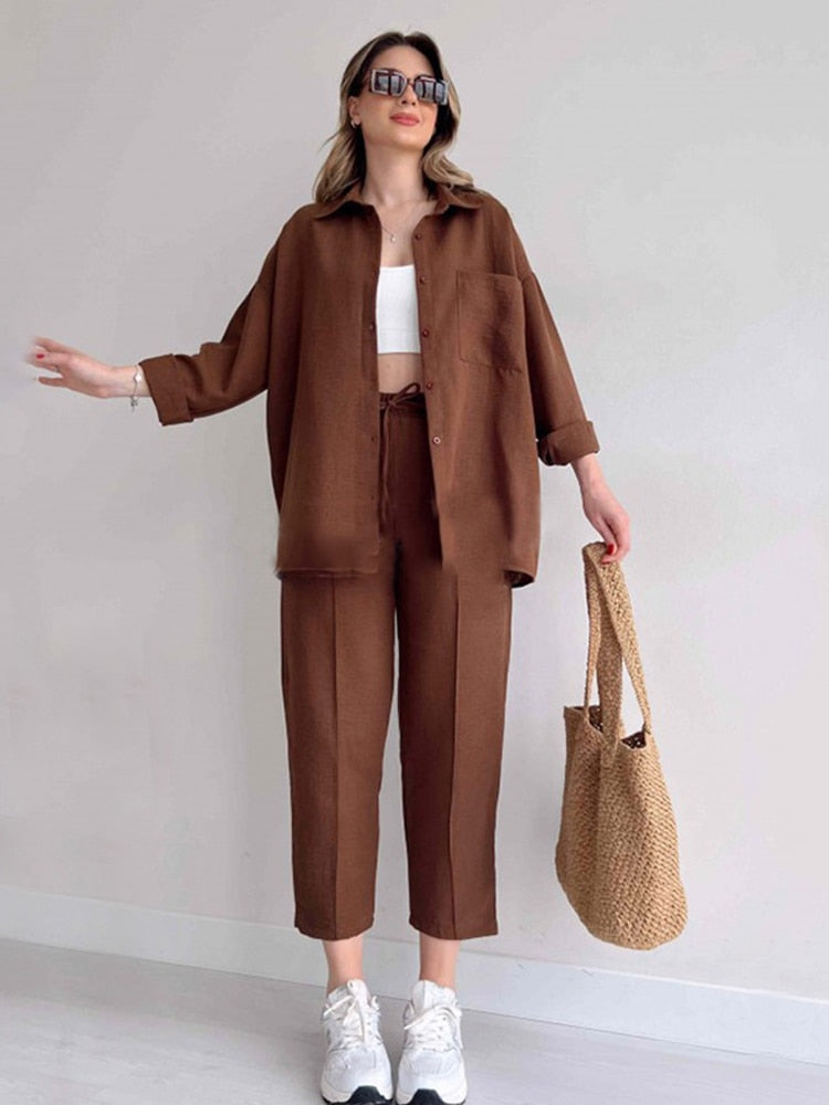 Solid Turn-down Collar Long Pants Set Drawstring Pants Suit Autumn