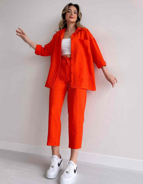 Load image into Gallery viewer, Solid Turn-down Collar Long Pants Set Drawstring Pants Suit Autumn
