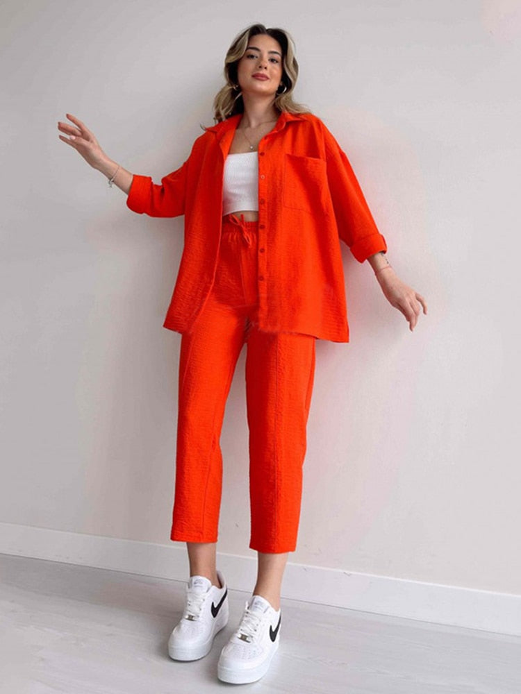 Solid Turn-down Collar Long Pants Set Drawstring Pants Suit Autumn