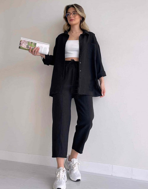 Load image into Gallery viewer, Solid Turn-down Collar Long Pants Set Drawstring Pants Suit Autumn
