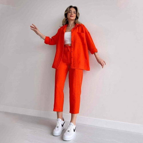 Load image into Gallery viewer, Solid Turn-down Collar Long Pants Set Drawstring Pants Suit Autumn
