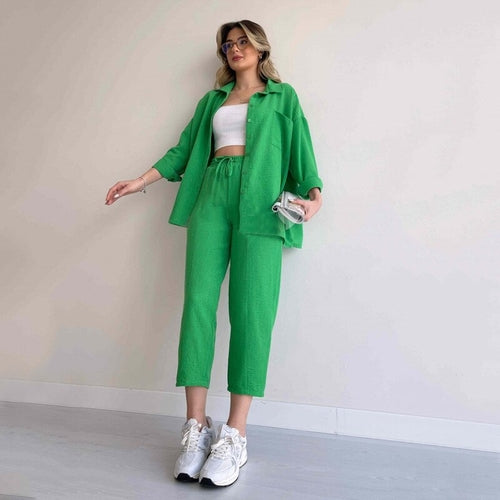 Load image into Gallery viewer, Solid Turn-down Collar Long Pants Set Drawstring Pants Suit Autumn
