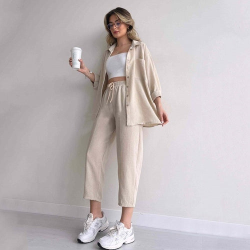 Load image into Gallery viewer, Solid Turn-down Collar Long Pants Set Drawstring Pants Suit Autumn
