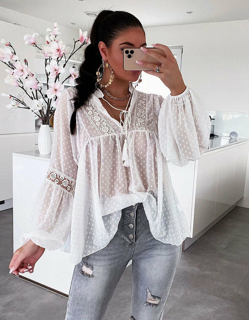 Load image into Gallery viewer, Chiffon Blouse  Patchwork Lace Hollow Out Shirt
