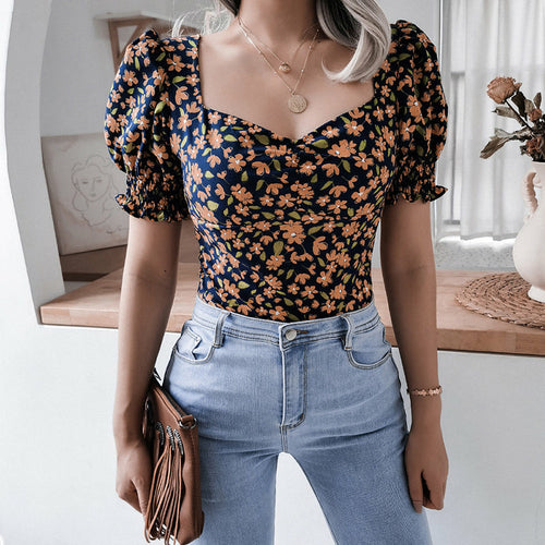 Load image into Gallery viewer, Square Collar Floral Printed Chiffon Tops
