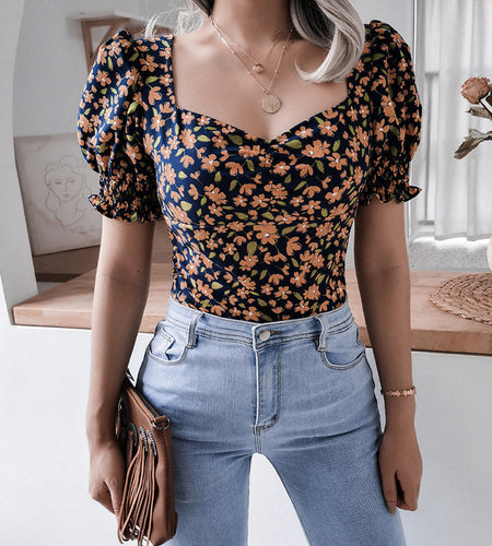 Square Collar Floral Printed Chiffon Tops