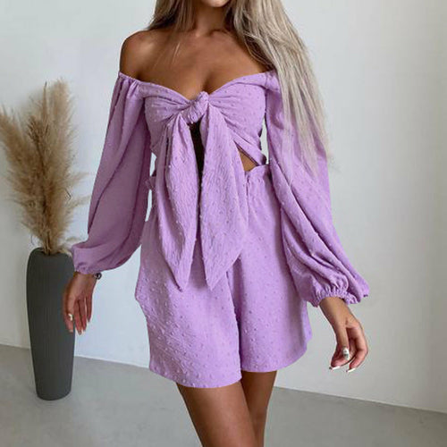 Load image into Gallery viewer, Long Sleeve Bowknot Crop Tops And Pocket Beach Short Suit
