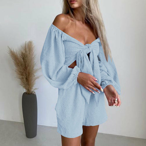 Long Sleeve Bowknot Crop Tops And Pocket Beach Short Suit