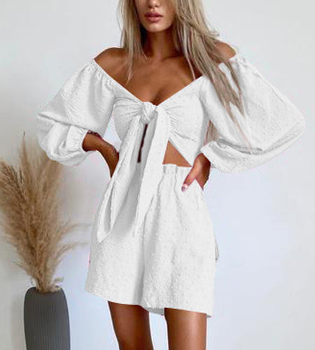 Long Sleeve Bowknot Crop Tops And Pocket Beach Short Suit