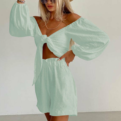 Load image into Gallery viewer, Long Sleeve Bowknot Crop Tops And Pocket Beach Short Suit
