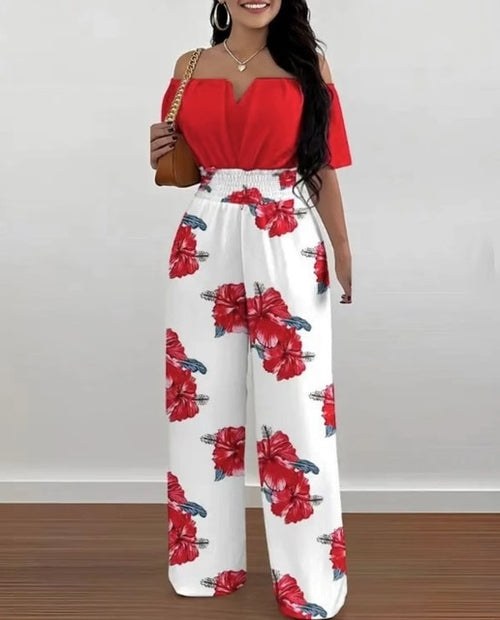 Summer Fashion Printed Wide Leg Jumpsuit Women Sexy Beach Style