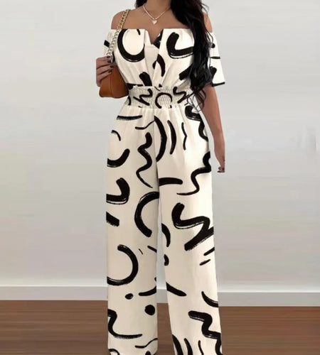 Summer Fashion Printed Wide Leg Jumpsuit Women Sexy Beach Style