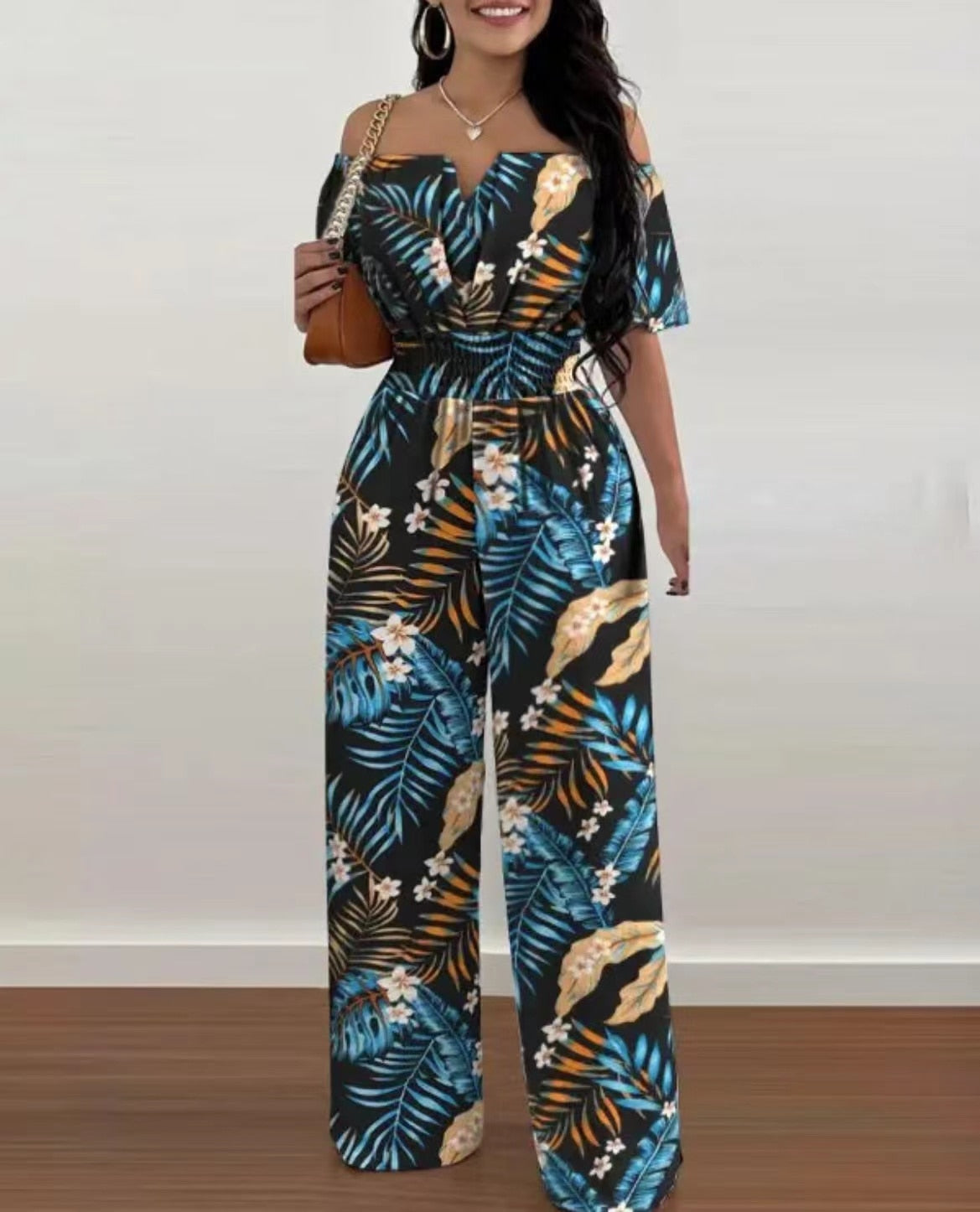 Summer Fashion Printed Wide Leg Jumpsuit Women Sexy Beach Style