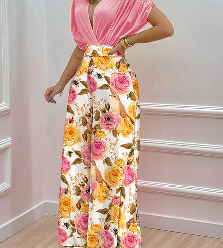 V-neck Bat Sleeve Top Printed Wide-leg Pants Suit