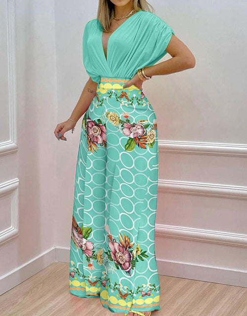 Load image into Gallery viewer, V-neck Bat Sleeve Top Printed Wide-leg Pants Suit
