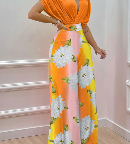 V-neck Bat Sleeve Top Printed Wide-leg Pants Suit
