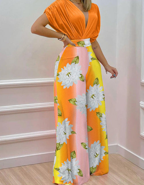 Load image into Gallery viewer, V-neck Bat Sleeve Top Printed Wide-leg Pants Suit
