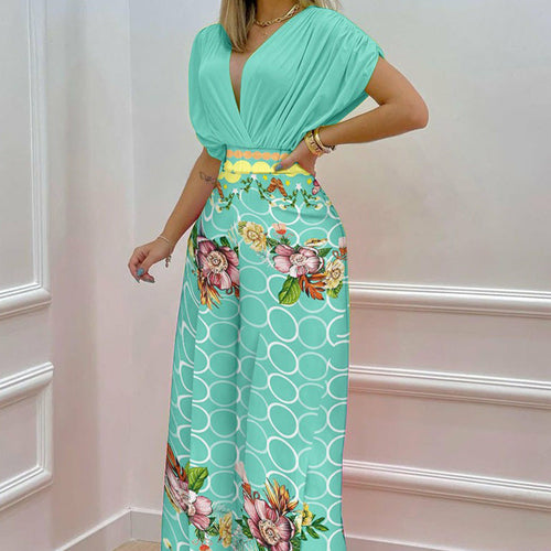 V-neck Bat Sleeve Top Printed Wide-leg Pants Suit