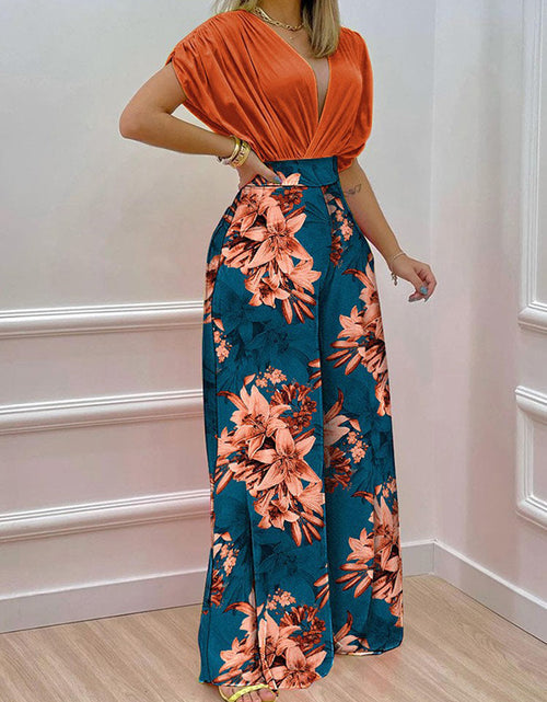 Load image into Gallery viewer, V-neck Bat Sleeve Top Printed Wide-leg Pants Suit
