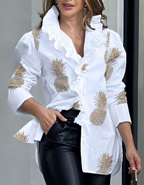 Load image into Gallery viewer, White Print Women&#39;s Ruffles Top Blouse
