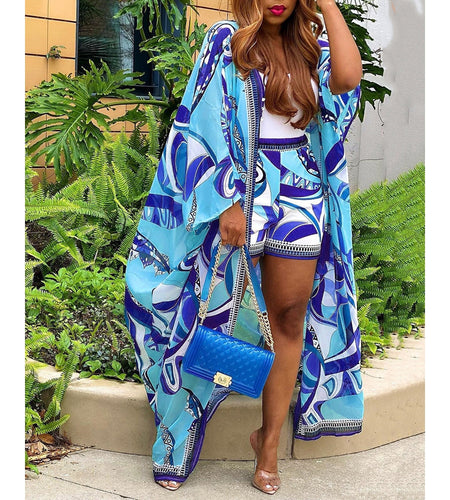 Abstract Print Batwing Sleeve Open Front Cardigan Shorts Set
