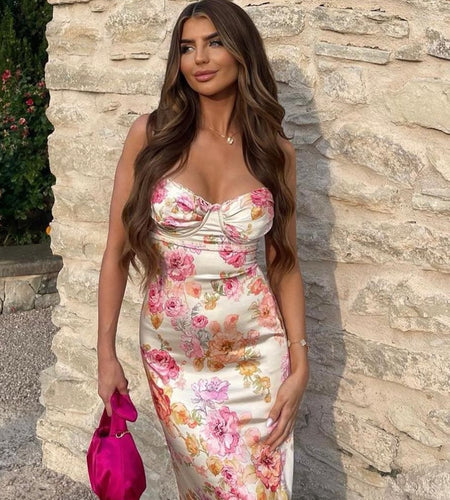 Suninheart Summer Spaghetti Strap Floral Print Party Dresses Elegant