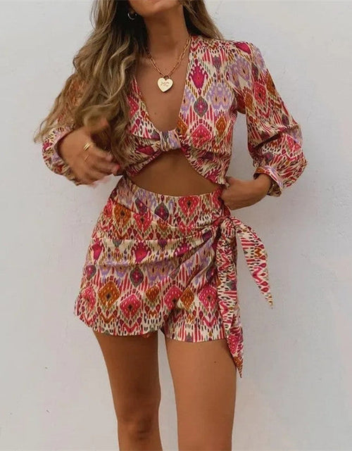 Load image into Gallery viewer, Print Skirt Shorts Woman Floral Top Long Sleeve Knot Crop Top Suits
