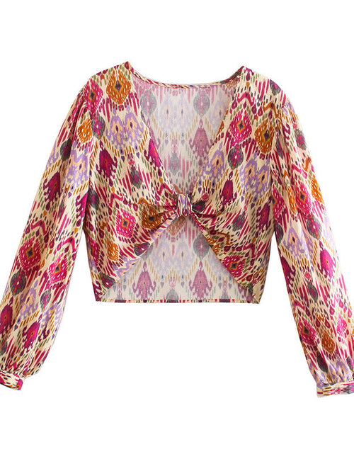 Load image into Gallery viewer, Print Skirt Shorts Woman Floral Top Long Sleeve Knot Crop Top Suits
