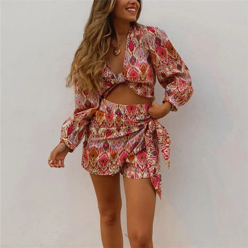 Print Skirt Shorts Woman Floral Top Long Sleeve Knot Crop Top Suits