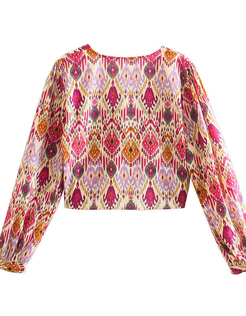 Load image into Gallery viewer, Print Skirt Shorts Woman Floral Top Long Sleeve Knot Crop Top Suits
